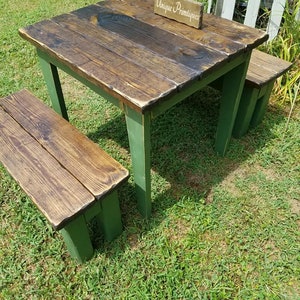 RUSTIC FARMHOUSE TABLE & Two Benches 3-Piece Set Bench Distressed Reclaimed Wood Kitchen Island Small Dining Custom Sizes Colors Unique image 9