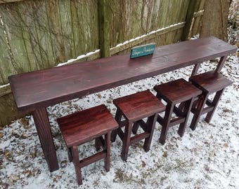RUSTIC BAR TABLE Kitchen Sofa & Four Stool Set Large Wood Console Entry Hall Entryway Long Reclaimed Custom Sizes Colors Unique Primtiques