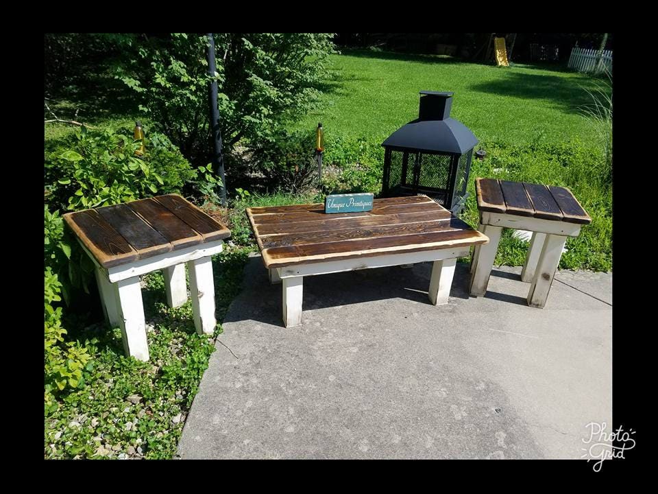 FARMHOUSE COFFEE TABLE Set Farm House End Tables Rustic Wood Dark ...