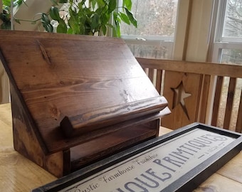 RUSTIC BOOK STAND Bookstand Kindle Tablet Cookbook Cook Book Holder Art Display Reading Materials Prints Bible Altar With Shelf Storage