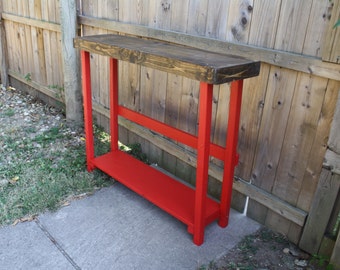 Bright SOFA HALL CONSOLE Entry Accent Table Lipstick Red & Dark Walnut Stained 10x43x34h Custom Sizes Colors Available By Unique Primtiques