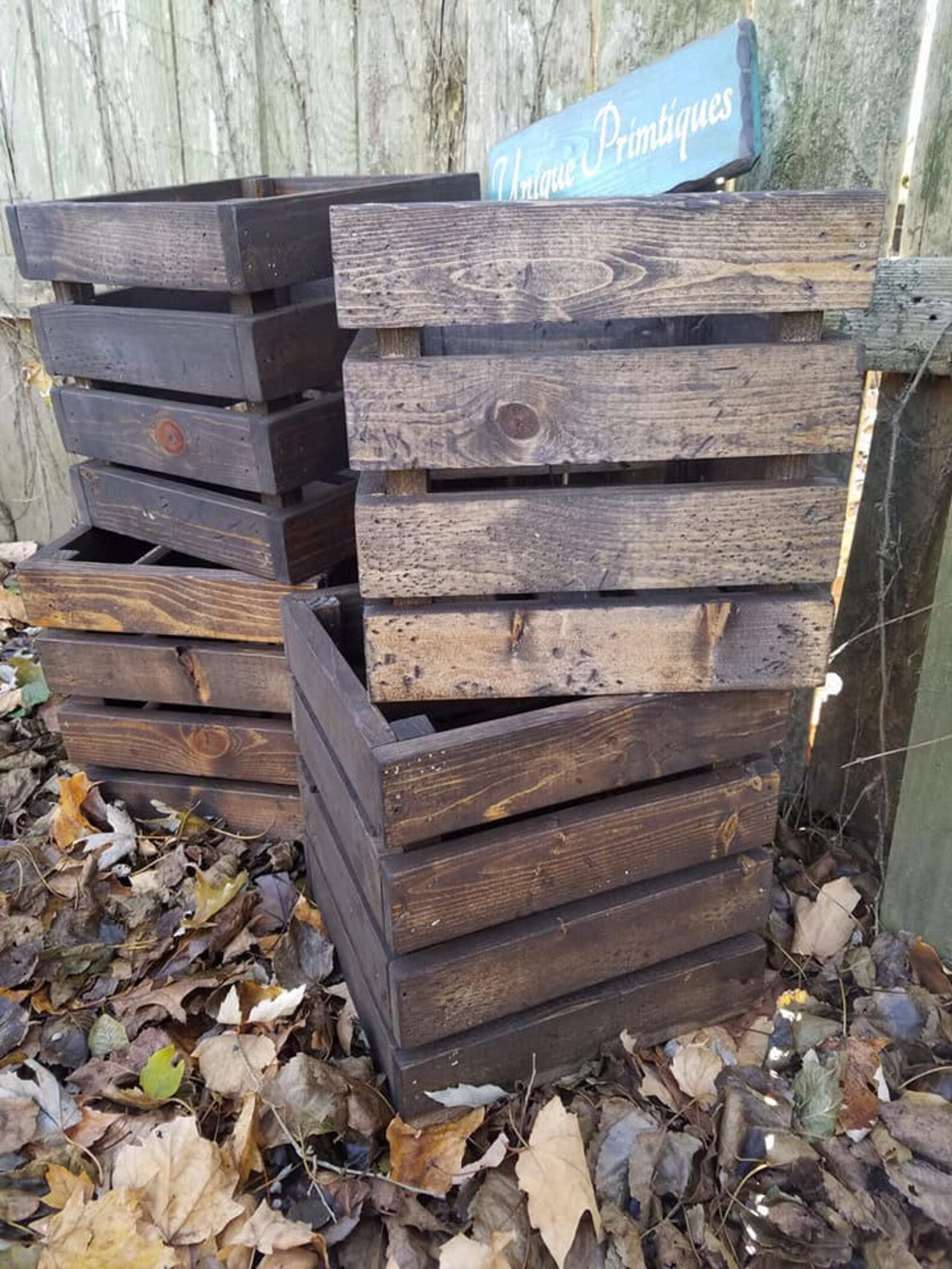 Four RUSTIC FARMHOUSE CRATES Reclaimed Salvaged Wood Dark Walnut Wall ...