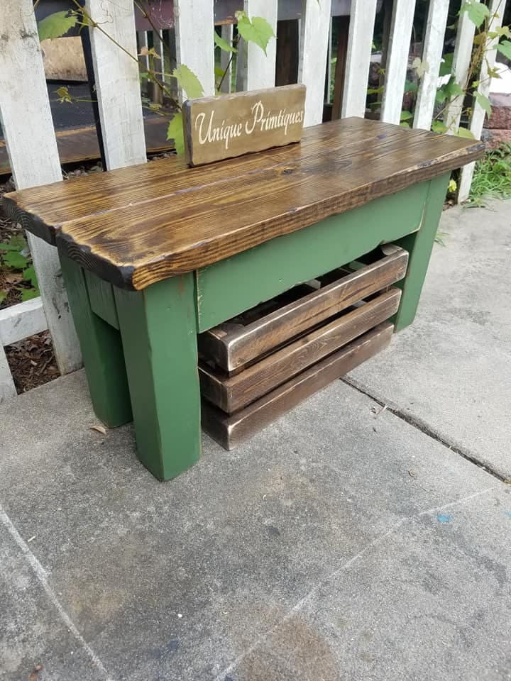 Rustic FARMHOUSE WOOD BENCH & Crate Farm House Distressed Dark Walnut ...