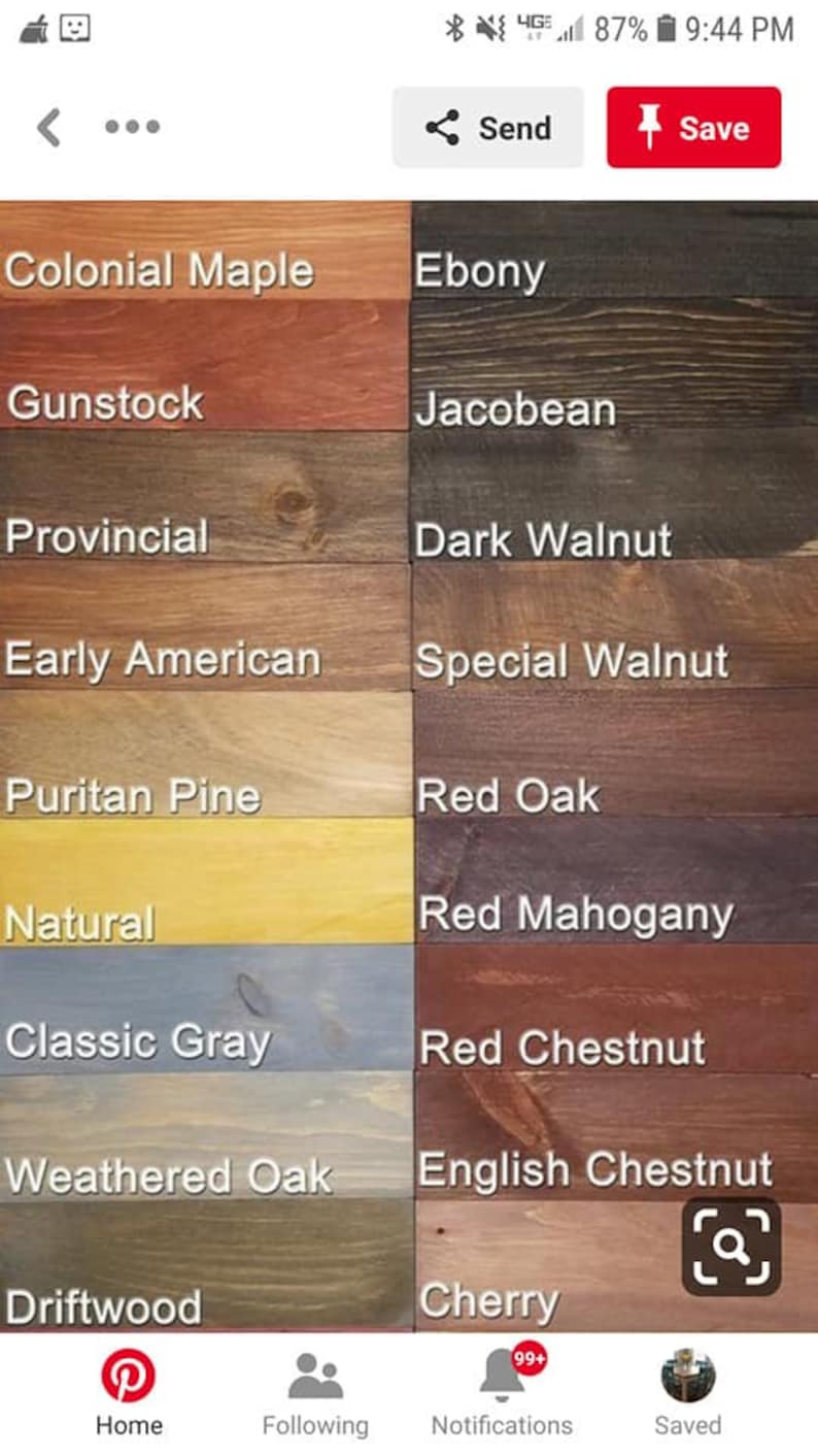 May include: A color palette showcasing various wood stain colors, including Colonial Maple, Ebony, Gunstock, Jacobean, Provincial, Dark Walnut, Early American, Special Walnut, Puritan Pine, Red Oak, Natural, Red Mahogany, Classic Gray, Red Chestnut, Weathered Oak, English Chestnut, Driftwood, and Cherry.