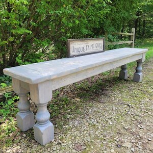 RUSTIC FARMHOUSE BENCH New England Farm House Wood Extra Large Long Kitchen Turned Legs Reclaimed Weathered Gray Grey Custom Sizes Colors