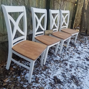 FOUR Beautiful Rustic Wood Malaysian Oak CHAIRS Custom Colors Welcome Solid Wood X-Back Style Kitchen Dining Room Cherry Seat White Paint
