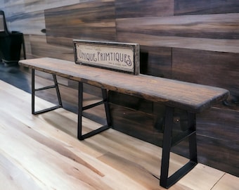 Industrial Bench Mid Century Modern Metal Legs Farmhouse Wood Plank Seat Custom Sizes & Colors Unique Primtiques Woodworking