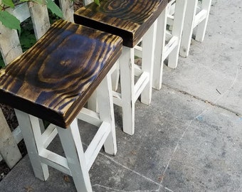 FARMHOUSE BAR STOOLS Lot Of Four Rustic Farm House Kitchen Tall Short Reclaimed Wood Stool Contour Seat Custom Sizes Colors Many Menu Option