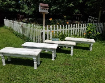 French Country Farmhouse Chic Rustic FOUR WOOD BENCH Lot Turned Legs Reclaimed Salvaged Woods Custom Sizes Colors Indoor Outdoor Kitchen