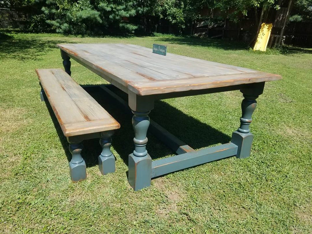 New England Farmhouse Rustic TABLE & Bench Set Breadboard Ends Massive ...