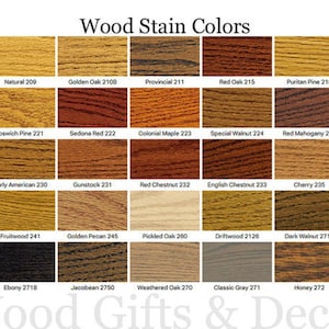 Puede incluir: Una tabla de 25 colores de tinte para madera con sus nombres y n&uacute;meros correspondientes. Los colores van de claro a oscuro, con tonos de marr&oacute;n, rojo y gris. La tabla est&aacute; titulada "Wood Stain Colors".