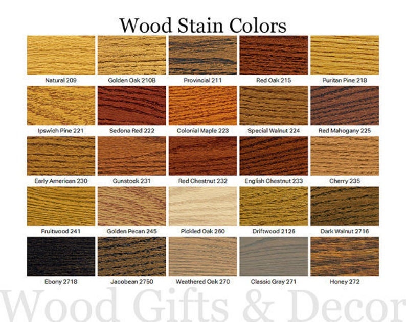 Puede incluir: Una tabla de 25 colores de tinte para madera con sus nombres y n&uacute;meros correspondientes. Los colores van de claro a oscuro, con tonos de marr&oacute;n, rojo y gris. La tabla est&aacute; titulada "Wood Stain Colors".