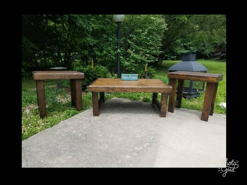 RUSTIC COFFEE TABLE Set End Tables Reclaimed Wood Dark Walnut Farmhouse ...