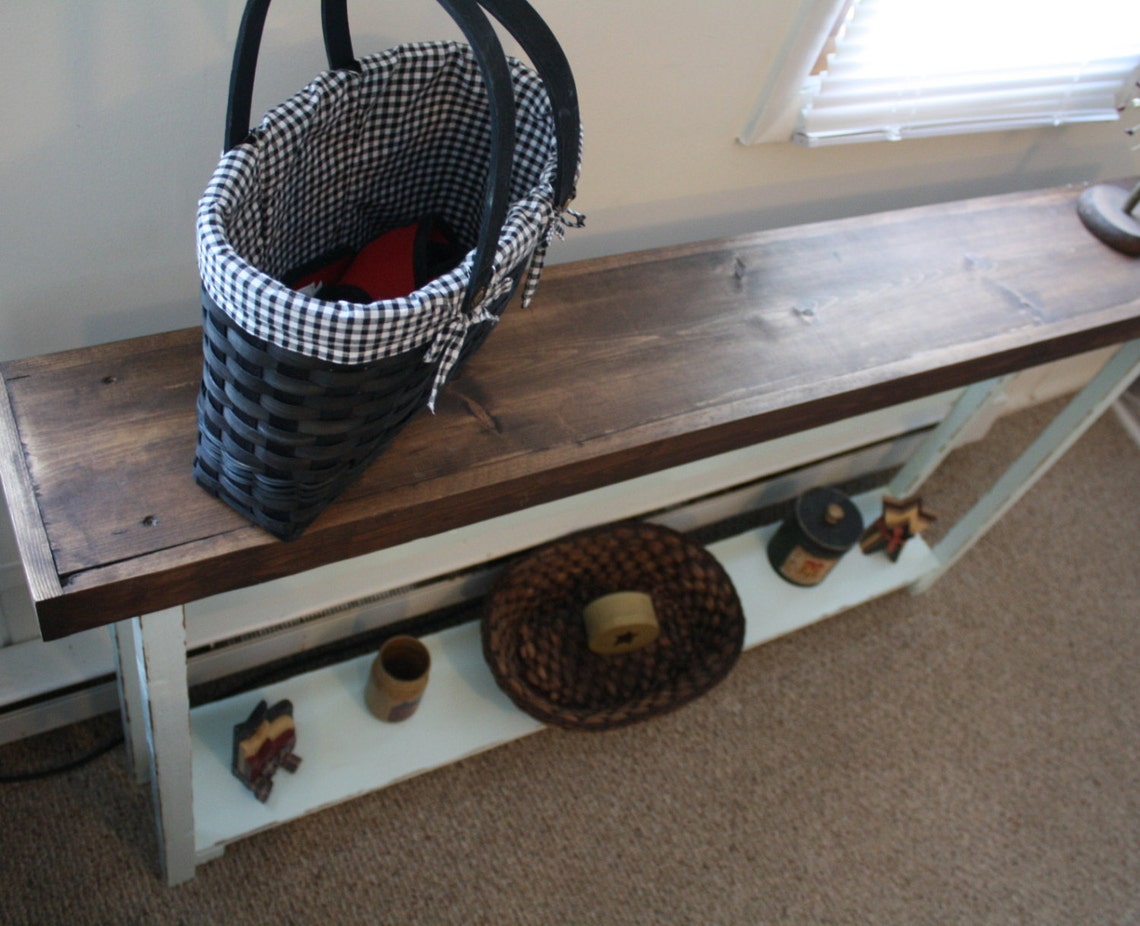 RUSTIC SOFA TABLE Entryway Narrow Long Large Dark Walnut Icy Teal ...