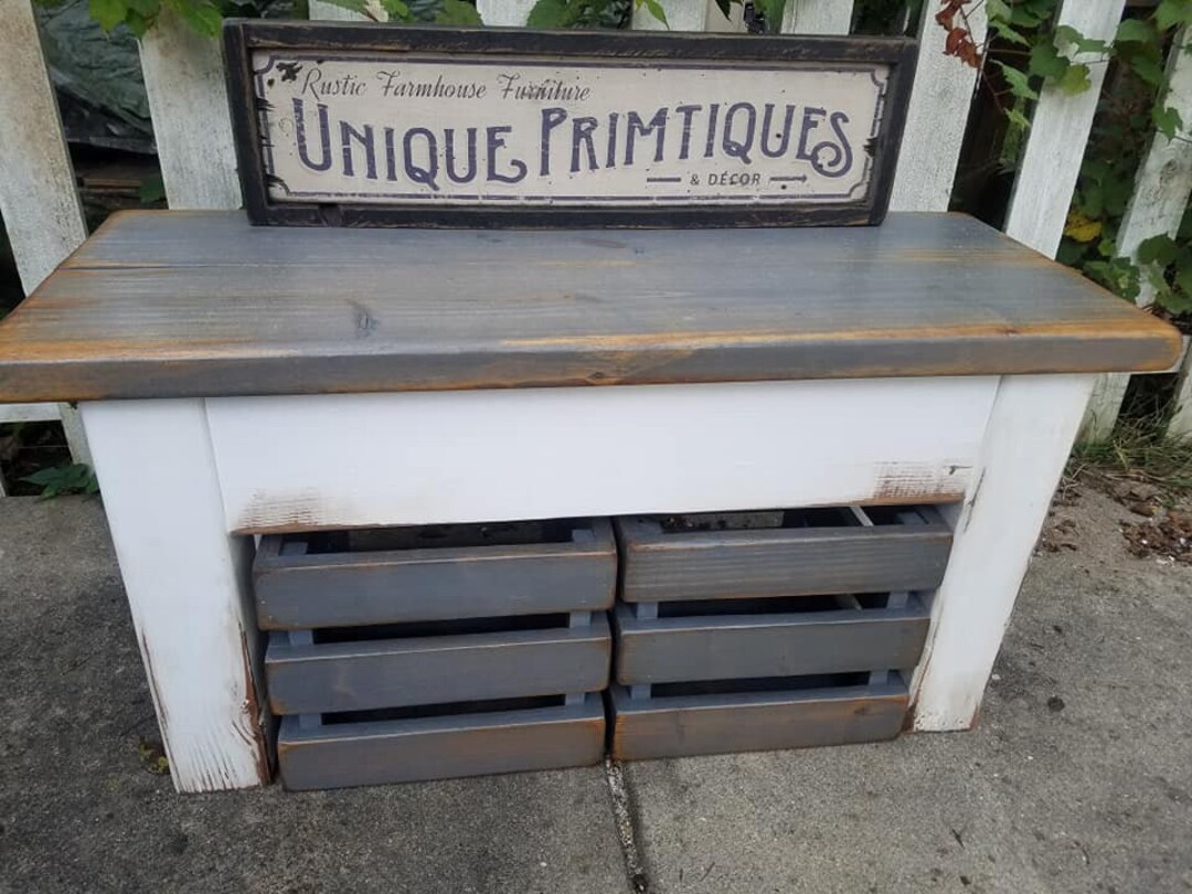 RUSTIC FARMHOUSE BENCH Farm House Mud Room Bench & Two Crates Lot ...