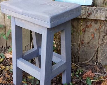 RUSTIC FARMHOUSE BAR Stool Farm House Kitchen Weathered Gray Primitive Reclaimed Wood Bench Contour Seat 11-1/2w x16.5 d Custom Sizes Colors