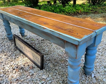 French Country Chic Rustic WOOD BENCH W/ Turned Legs Reclaimed Salvaged Woods Custom Sizes Colors Distressing Indoor Outdoor Kitchen Dining