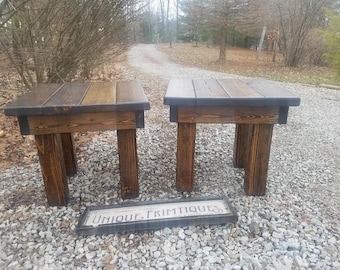 FARMHOUSE END TABLES x2 Farm House Rustic Reclaimed Wood Dark Walnut Night Stands Lot Of Two Custom Sizes Colors Chunky Solid Legs Unique