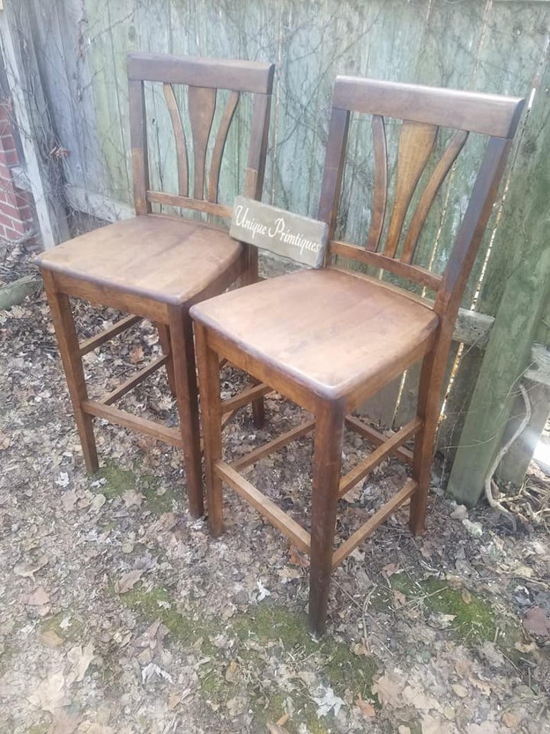 Rustic Bar Stools Tall Wood Lot Of Two W Back Image 0