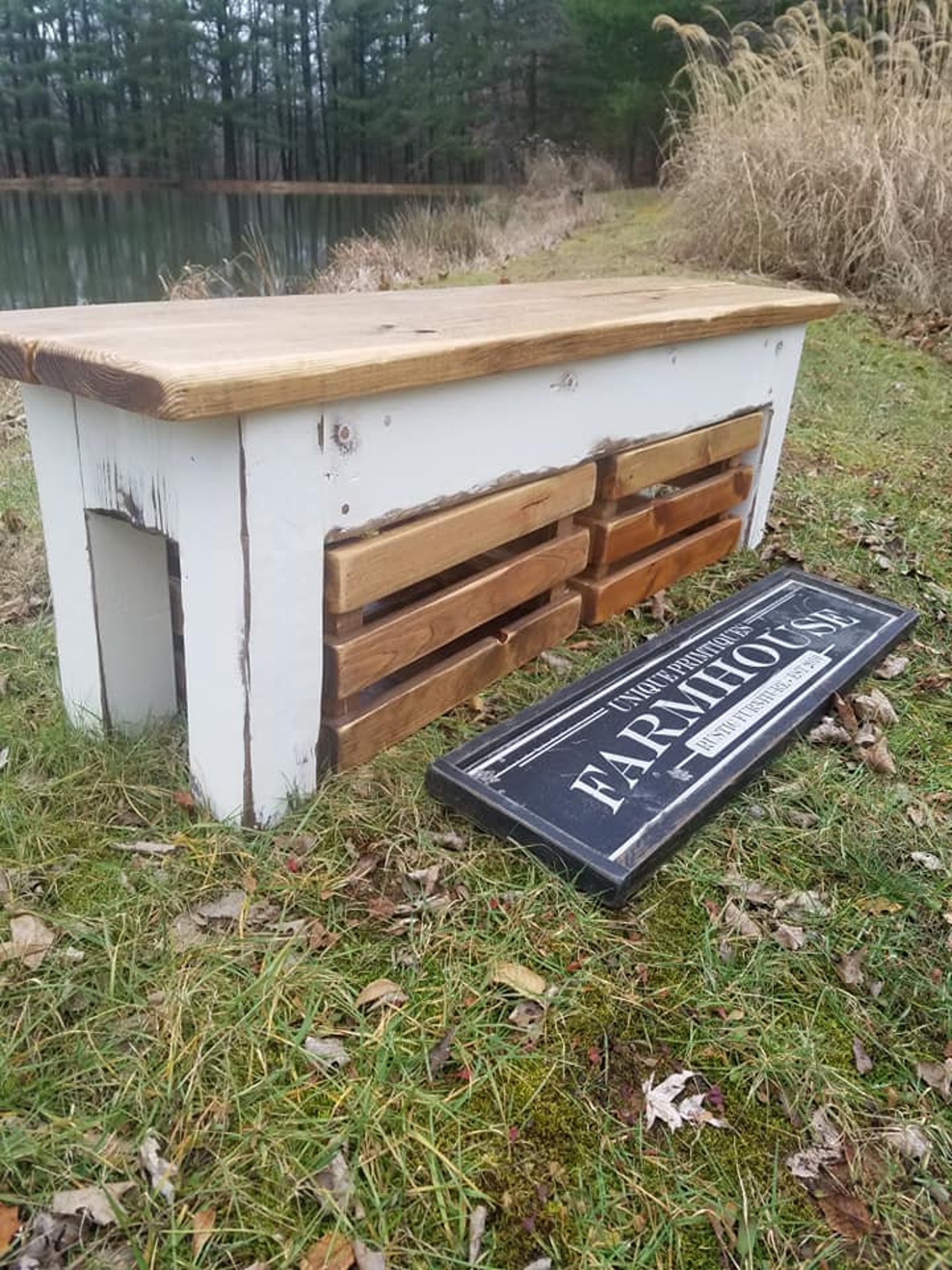 Rustic FARMHOUSE BENCH W/ Two Matching Wooden Crates - Etsy