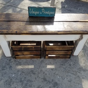 RUSTIC FARMHOUSE BENCH & Two Wood Crates Lot Dark Walnut Country White ...