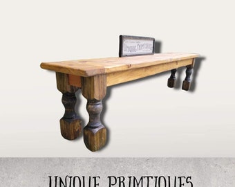 RUSTIC FARMHOUSE BENCH New England Farm House Wood Extra Large Long Kitchen Turned Legs Custom Sizes Colors Unique Primtiques Wood Art