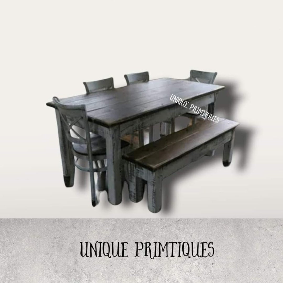 Rustic FARMHOUSE TABLE 6-piece SET Wood Farm House Kitchen Dining ...