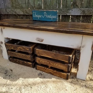 RUSTIC FARMHOUSE BENCH & Two Wood Crates Lot Dark Walnut Country White ...
