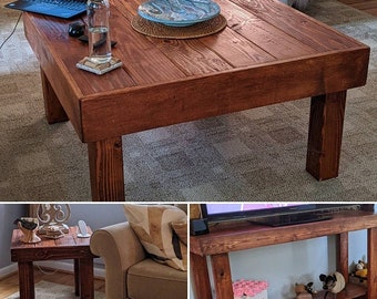 FARMHOUSE COFFEE TABLE Solid Rustic Wood Custom Sizes Colors By Unique Primtiques Built Tough In USa Matching End Tables Available