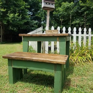 RUSTIC FARMHOUSE TABLE & Bench Distressed Dark Walnut Boughs Of Pine Green Primitive Kitchen Table Island Custom Sizes Colors Small Dining