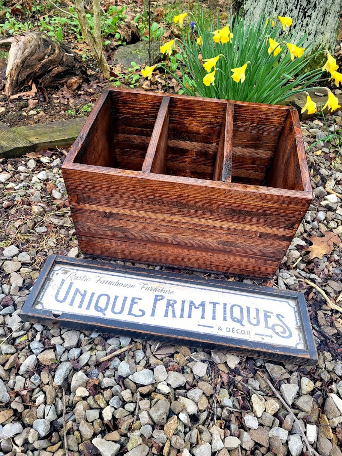 Rustic FARMHOUSE BOX CRATE W Dividers Bathroom Kitchen Wine Living Room ...