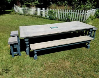 Rustic New England Farmhouse TABLE & TWO Bench FOUR Stools 7-Piece Set Breadboard Ends Turned Legs Reclaimed Wood Benches Custom Sizes Color