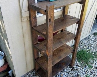 RUSTIC BOOKCASE TALL Wood Display Ladder End Bookshelf Bookcase Five Shelf 14-3/4x30x56 By Unique Primtiques Custom Sizes Colors