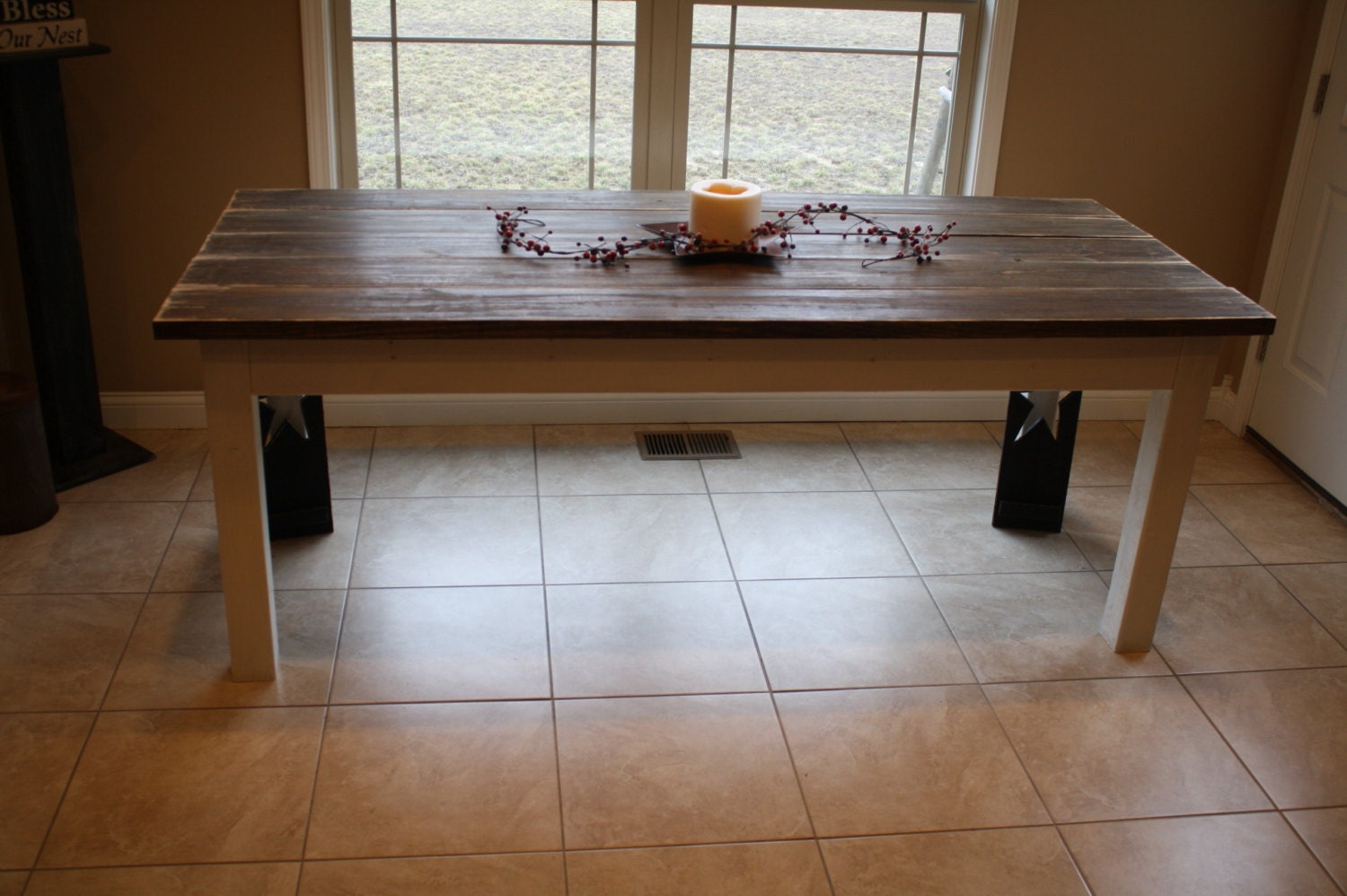 FARMHOUSE TABLE & BENCH Set Farm House Kitchen Dining Distressed Dark ...