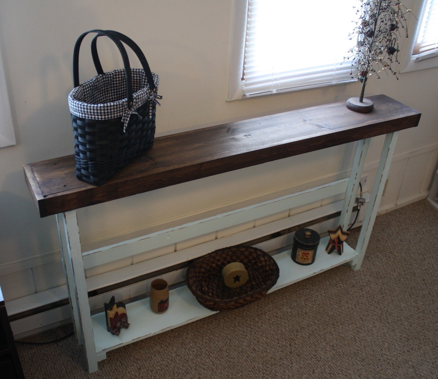 RUSTIC SOFA TABLE Entryway Narrow Long Large Dark Walnut Icy Teal ...