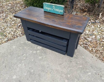 Rustic WOOD FARMHOUSE BENCH & Crate By Unique Primtiques Primitive Farm House Dark Walnut Kettle Black Custom Sizes Colors