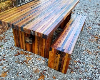 WOOD ART Modern TABLE Reclaimed Pallets Salvaged Woods Dining Kitchen Farmhouse W Matching Bench Custom Sizes Colors Oak Walnut Chestnut