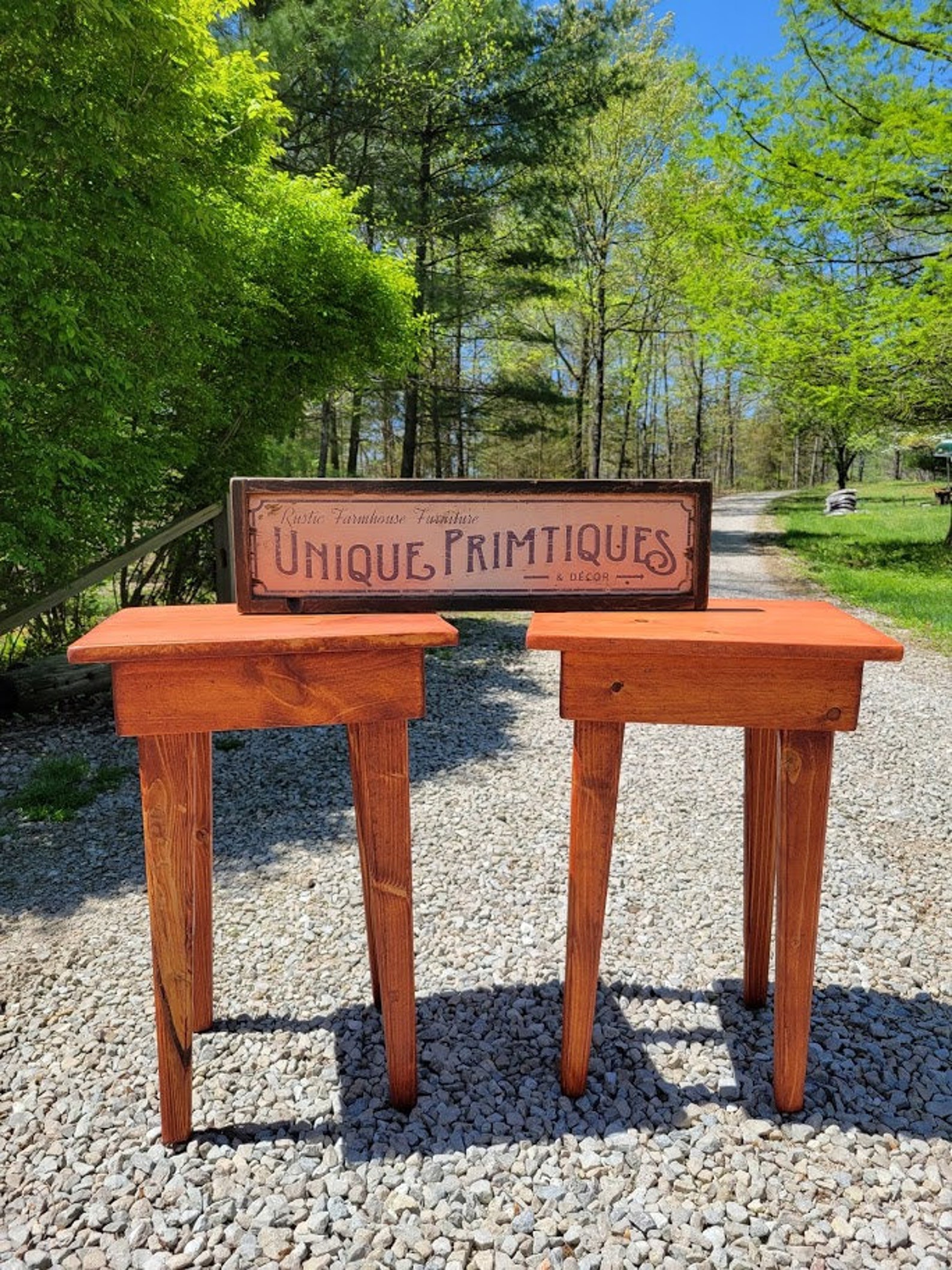 ACCENT TABLES Pair of TWO Wood Gunstock Stained End Corner Entry Table ...
