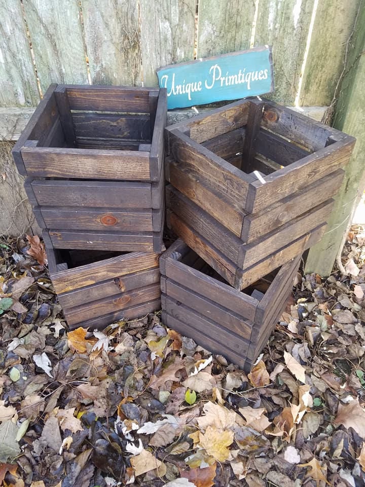 Two RUSTIC FARMHOUSE CRATES Reclaimed Salvaged Wood Dark Walnut Wall ...