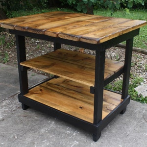 KITCHEN ISLAND BAR Multi Functional Tall Table Burnt Golden Oak & Kettle Black W Center Shelf 36x43x38h Custom Sizes Colors Available image 1