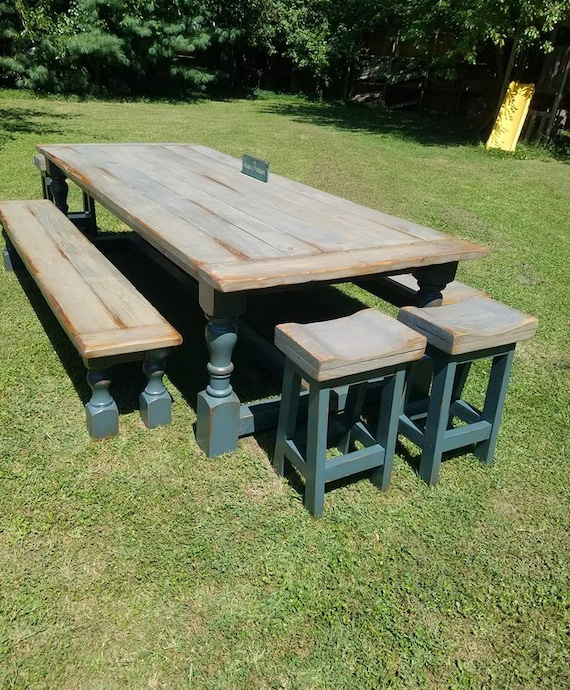 Rustic New England Farmhouse TABLE TWO Bench FOUR Stools 7 piece