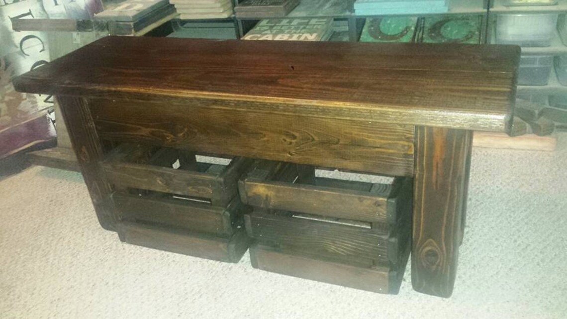 RUSTIC FARMHOUSE BENCH & Two Wood Crates Lot Dark Walnut Custom Sizes ...
