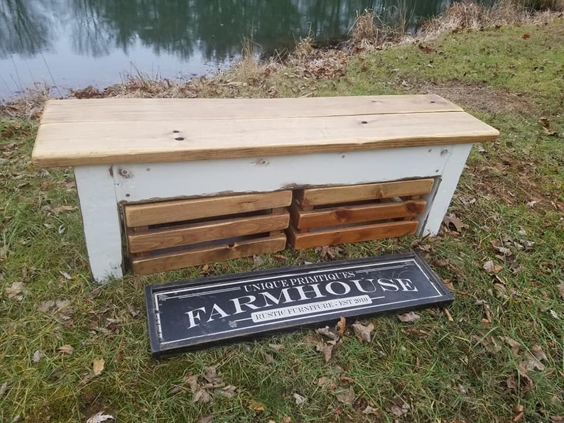 Rustic FARMHOUSE BENCH W/ Two Matching Wooden Crates - Etsy