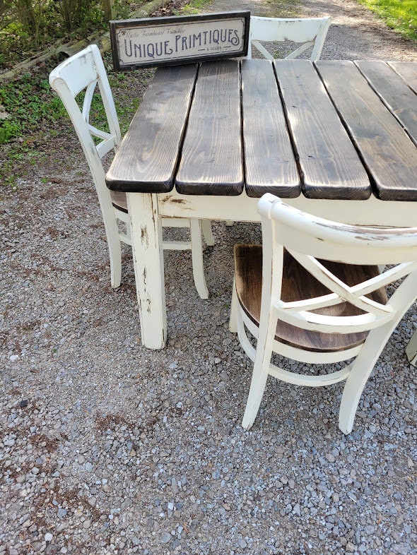 LZAREAL Farmhouse Dining Table For 4-6 - Solid Wood Rectangular Table, Color Block White & Walnut