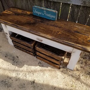 RUSTIC FARMHOUSE BENCH & Two Wood Crates Lot Dark Walnut Country White ...