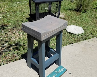 FARMHOUSE BAR STOOL Rustic Farm House Kitchen Weathered Gray Cobalt Reclaimed Wood Bench Contour Seat 11-1/2w x16.5 deep Custom Sizes Colors