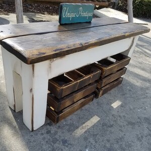 RUSTIC FARMHOUSE BENCH & Two Wood Crates Lot Dark Walnut Country White ...