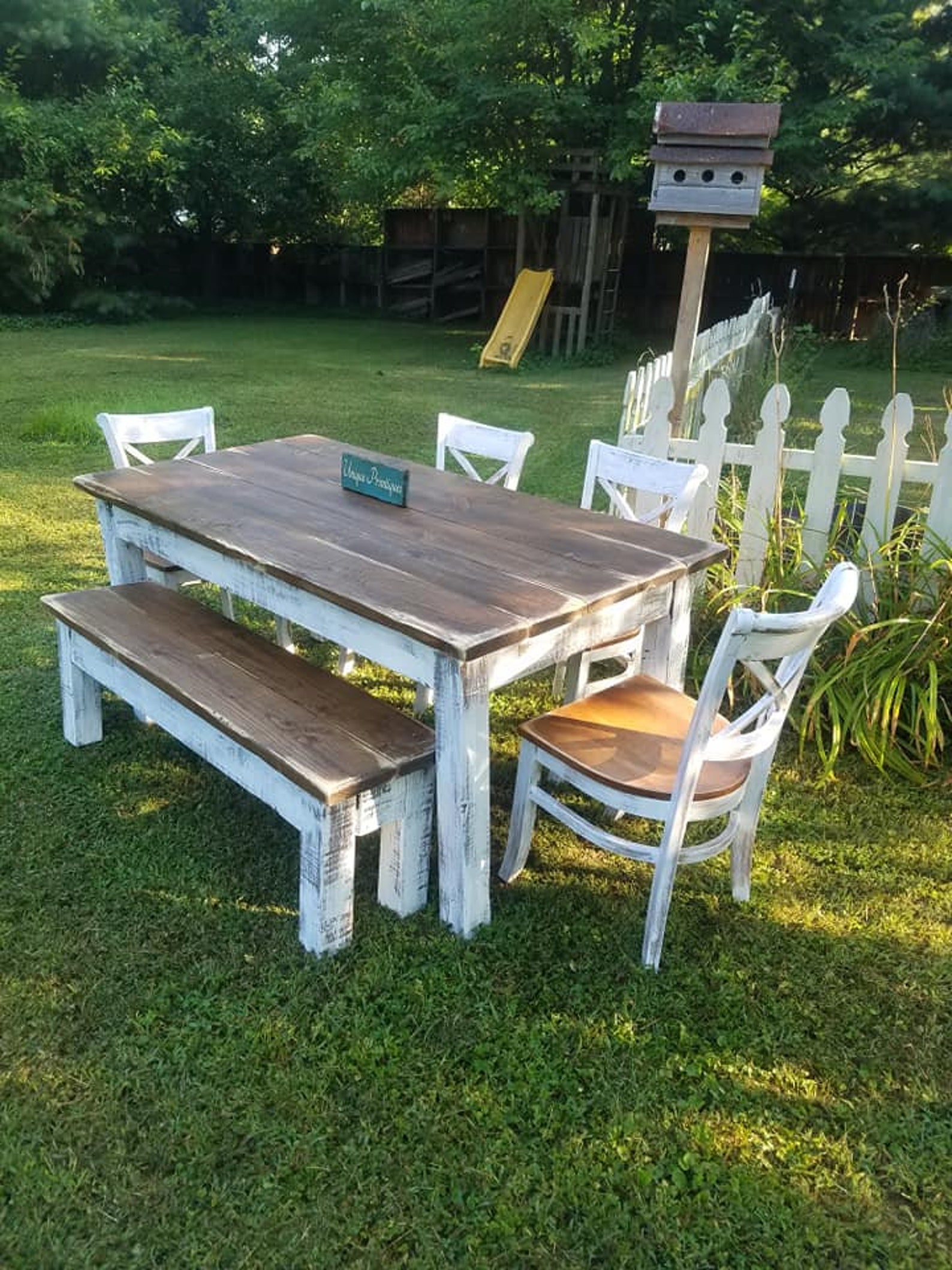 Rustic FARMHOUSE TABLE 6-piece SET Wood Farm House Kitchen Dining ...