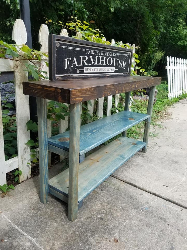 Rustic Farmhouse Console Sofa Accent Table Bookcase Shelf Dark Image 0