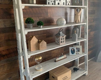 Rustic Solid Wood Bookcase Book Shelf Wall Shelving Unit Distressed White  Custom Sizes Colors Woodworking Business Home Storage Display